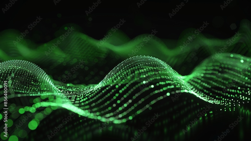3D render of a green wavy sound wave made from particles on a black background, in the style of æŽæ˜Ž 3D render of a green wavy sound wave made from particles on a black background, in the style of æŽæ˜Ž