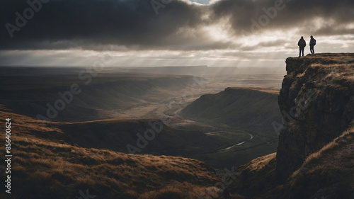friends hiking in nature standing on cliff edge enjoy the view to beautiful landscape below