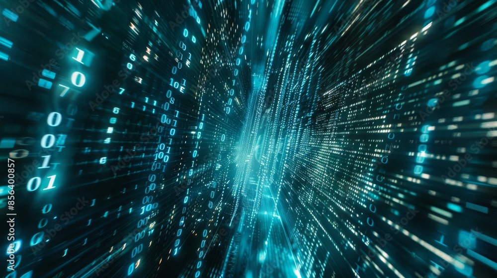 Falling binary code in the style of a matrix in a technological space in blue shades shining Falling binary code in the style of a matrix in a technological space in blue shades shining