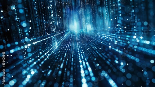 Falling binary code in the style of a matrix in a technological space in blue shades shining 