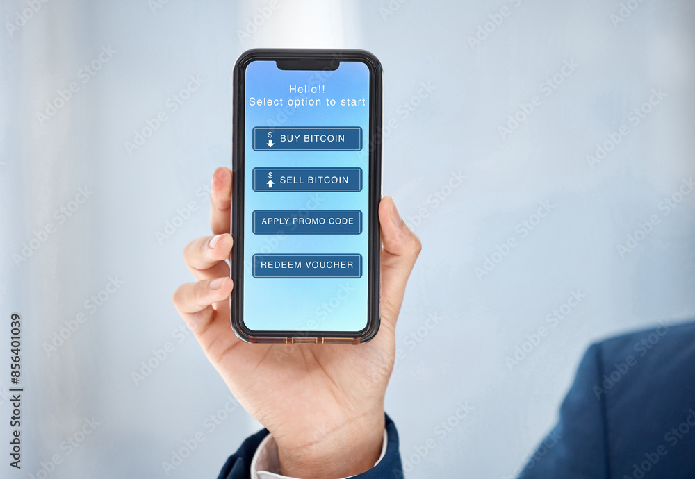 Cryptocurrency, smartphone and hand in office for trade, profit and stock market app. UX dashboard, startup and person with technology for finance, investment and banking software for business Cryptocurrency, smartphone and hand in office for trade, profit and stock market app. UX dashboard, startup and person with technology for finance, investment and banking software for business