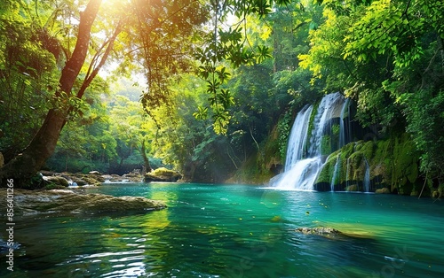 Tranquil Waterfall in a Lush Green Forest