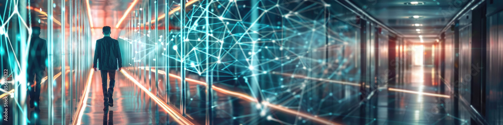 A businessman walks through a modern data center hallway with glowing network connections on the walls A businessman walks through a modern data center hallway with glowing network connections on the walls