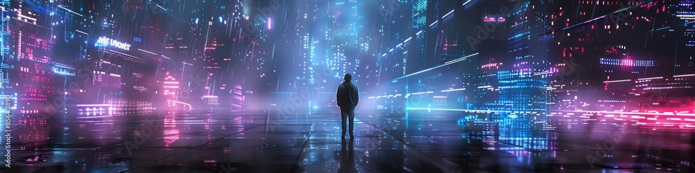 Alone in a neon-lit futuristic city at night, a figure stands surrounded by bright, colorful lights and towering structures Alone in a neon-lit futuristic city at night, a figure stands surrounded by bright, colorful lights and towering structures