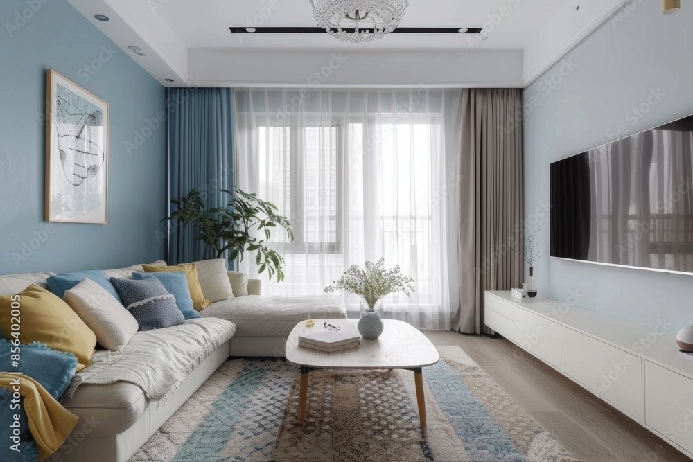 Fototapeta premium 15 square meters of simple style decoration, decoration requirements: the main color is pure white, the auxiliary color is light blue, including space: living room 