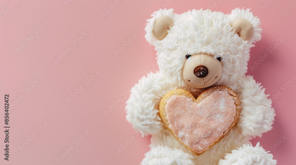White Teddy Bear with Heart Shaped Cookie on Pink Background for Valentine s Day Theme White Teddy Bear with Heart Shaped Cookie on Pink Background for Valentine s Day Theme
