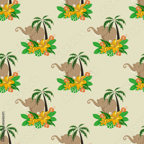 ฺBeautiful flowers and elephant with oriental traditional seamless pattern design on yellow background for carpet, wallpaper, clothing, wrap, batik, fabric.