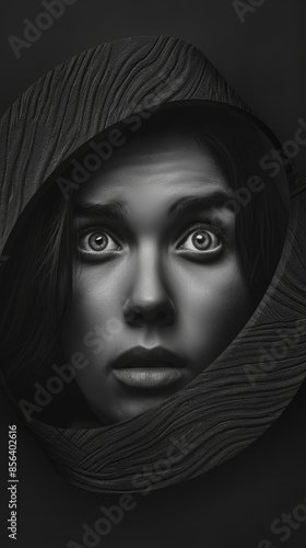A black and white portrait of a woman wearing a black scarf. Her eyes are wide open and she looks surprised or afraid