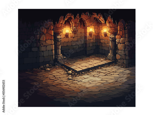 Torch Lit Dungeon background in a comic cartoon style. Large extended background to better for better cropped for any size.