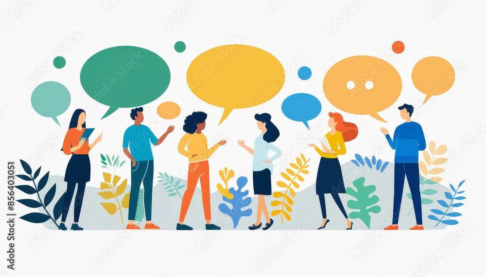 A diverse group of people engaged in conversation, illustrated with colorful speech bubbles and surrounded by abstract foliage in a lively, modern style. A diverse group of people engaged in conversation, illustrated with colorful speech bubbles and surrounded by abstract foliage in a lively, modern style.