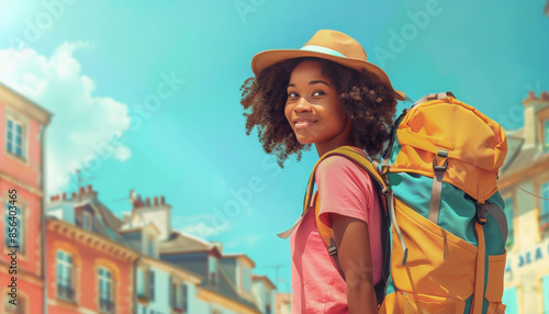 A young woman with a backpack enjoys a sunny day in a picturesque town, ready for adventure and exploration.
