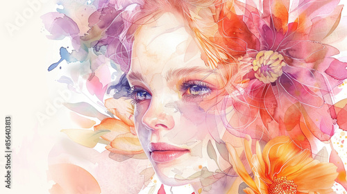 Fototapeta Naklejka Na Ścianę i Meble -  A close-up watercolor portrait of a womans face with flowers blooming around her. The image is full of vibrant colors and soft, delicate brushstrokes