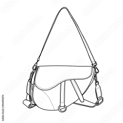 Women Saddle Shoulder Bag, Satchel Bag Underarm Handbag Cross body Bag  Line art, outline vector doodle illustration front view, isolated on white background