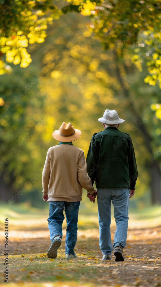 Two older people are walking together in a forest Two older people are walking together in a forest