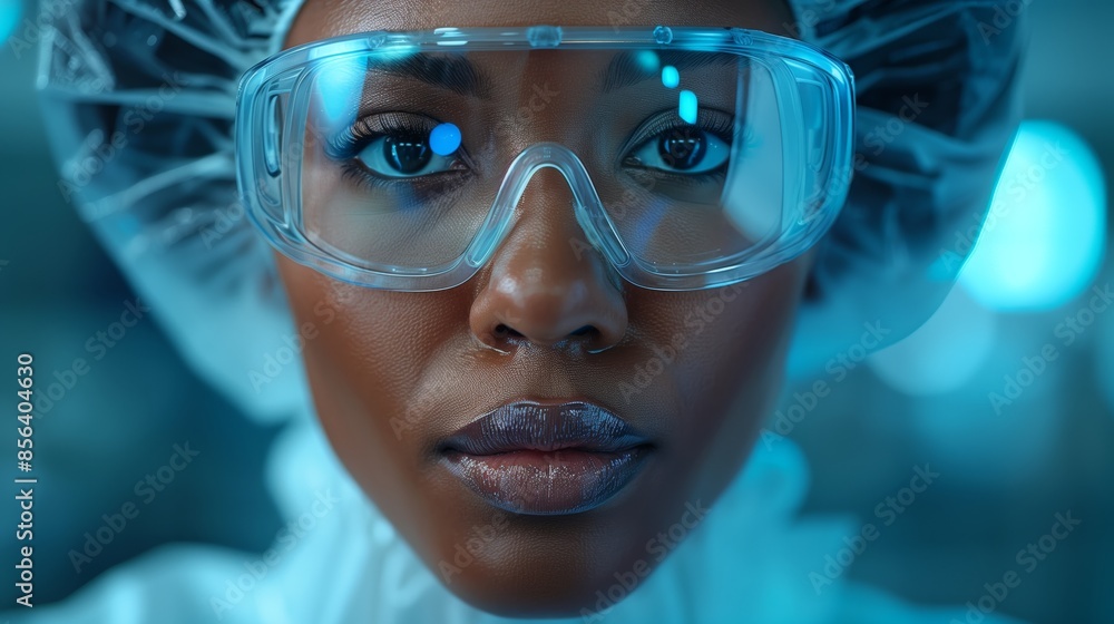 A worker in protective clothing, including a hairnet and mask, set against an out-of-focus blue background indicative of a sterile environment such as a laboratory or medical facility A worker in protective clothing, including a hairnet and mask, set against an out-of-focus blue background indicative of a sterile environment such as a laboratory or medical facility