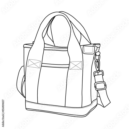 Small Tote Bag with Zipper for Women, Cross body Shoulder Bag Satchel Hobo Messenger Bag Line art, outline vector doodle illustration front view, isolated on white background