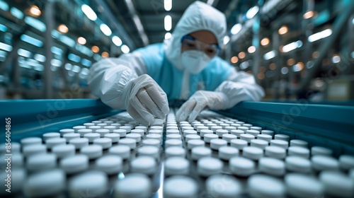 A worker conducts meticulous quality control on a vast array of white pills moving along a conveyor belt at a modern pharmaceutical manufacturing plant.