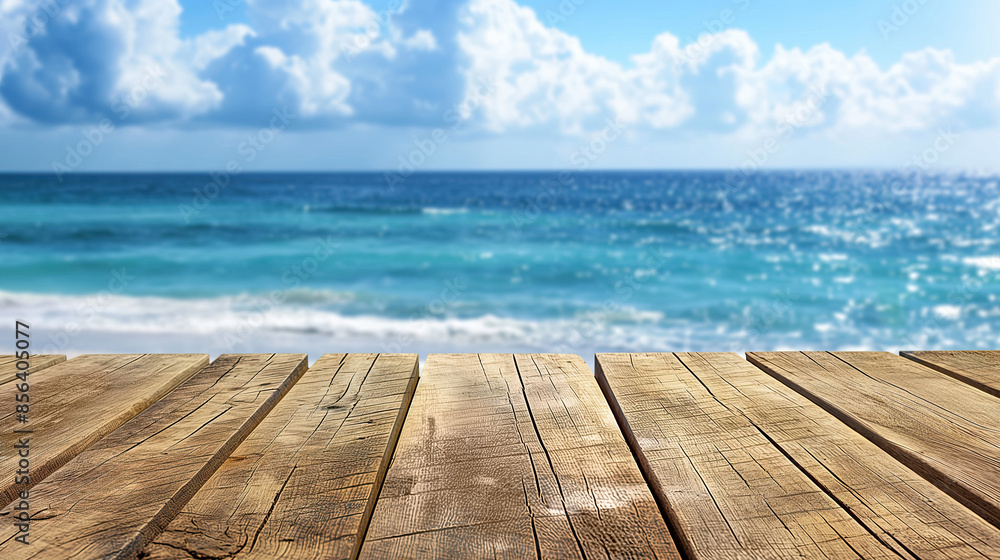 a close up of a rustic empty wooden table with blurred ocean view background a close up of a rustic empty wooden table with blurred ocean view background