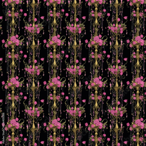 Seamless gothic pattern of pink flowers in golden candlesticks, leaves and stems, done in glossy gold on black background