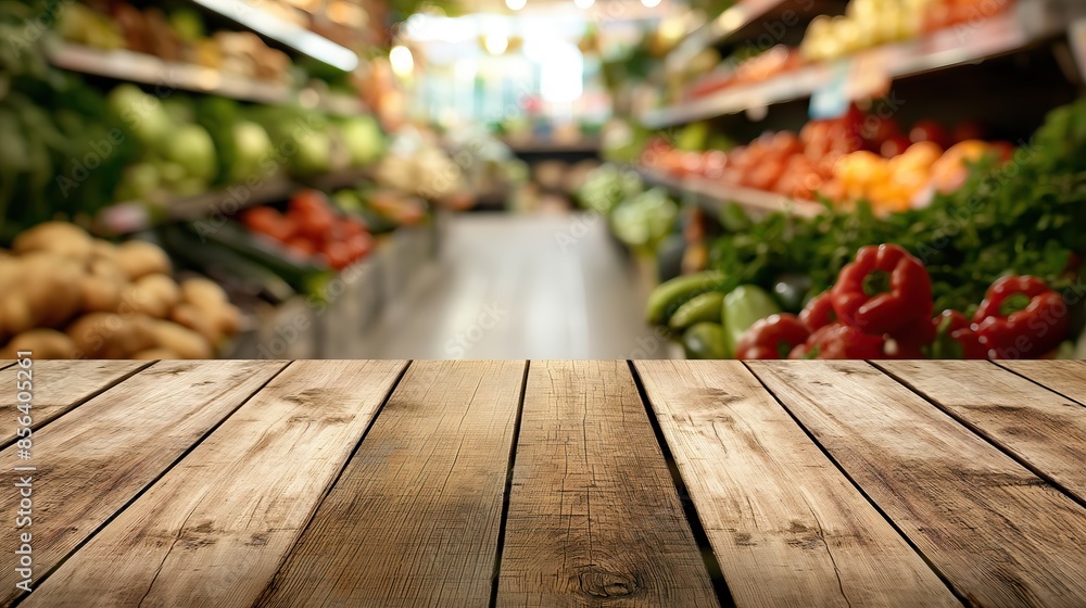 a close up of a rustic empty wooden table with blurred vegetable store background a close up of a rustic empty wooden table with blurred vegetable store background