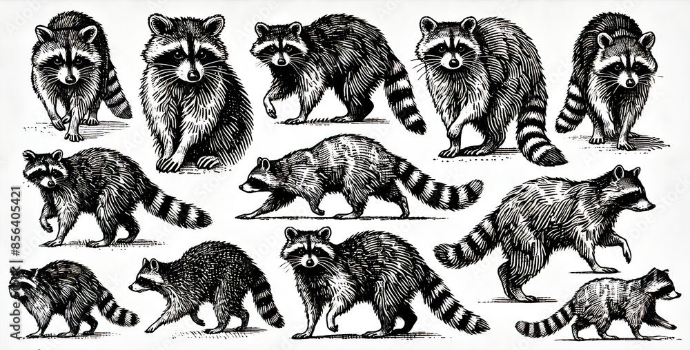 ビンテージスタイルのアライグマのイラストセット/白黒の手描きスケッチ ビンテージスタイルのアライグマのイラストセット/白黒の手描きスケッチ