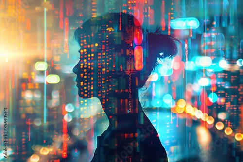 Silhouette of person with futuristic city lights and digital data overlay, representing technology and modern urban life.