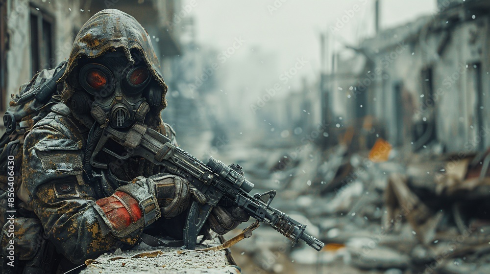Soldier in Gas Mask in Post-Apocalyptic World. Soldier in Gas Mask in Post-Apocalyptic World.