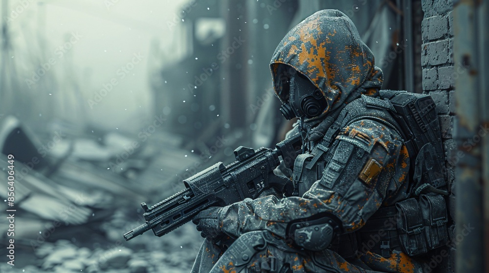 Post-apocalyptic soldier in a destroyed city. Post-apocalyptic soldier in a destroyed city.