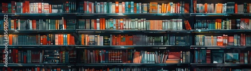 Colorful bookshelf with various books in a library setting, showcasing a wide range of literature genres and topics for avid readers. photo