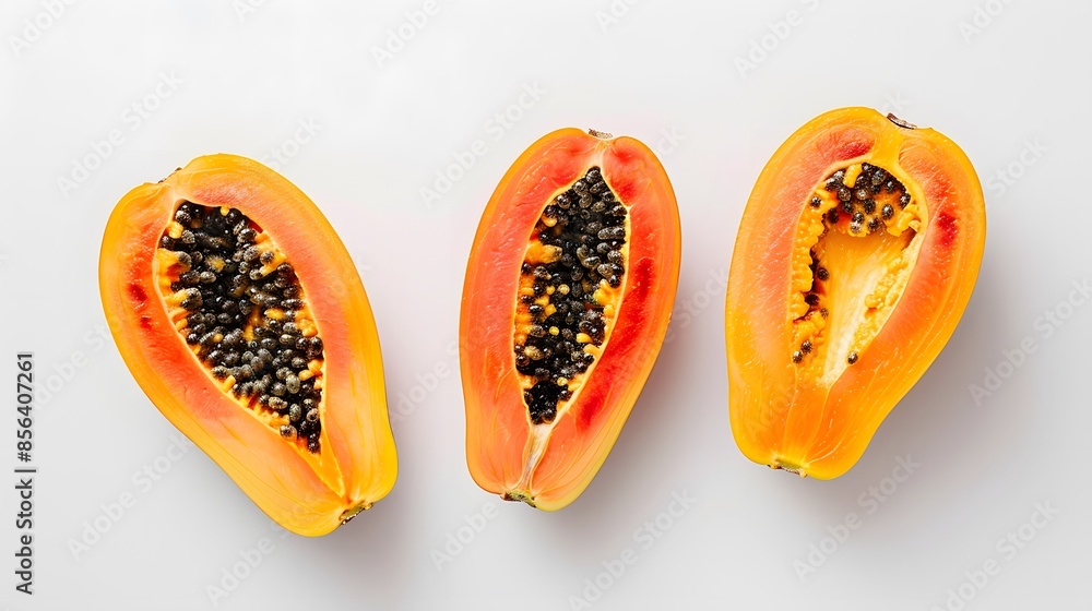 whole and half of ripe papaya fruit with seeds isolated on white background. whole and half of ripe papaya fruit with seeds isolated on white background.