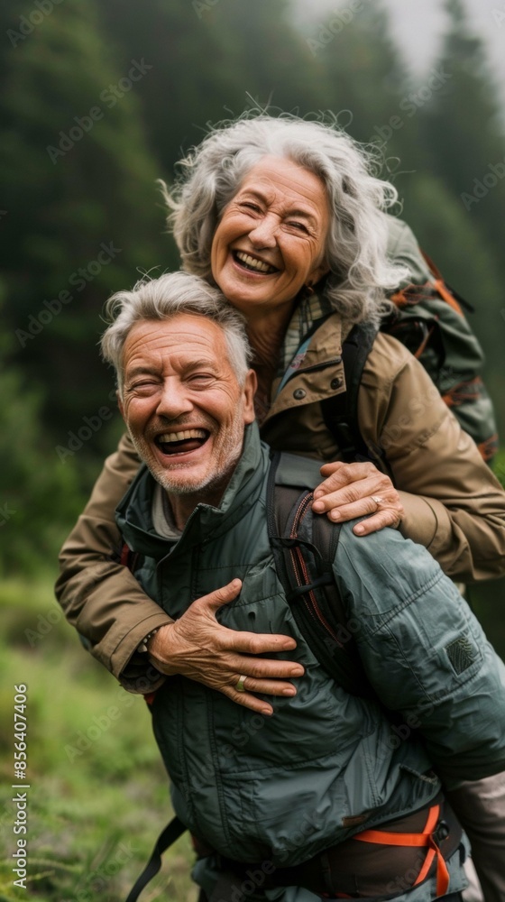 Fototapeta premium A man and woman hugging each other in the woods. Generative AI.