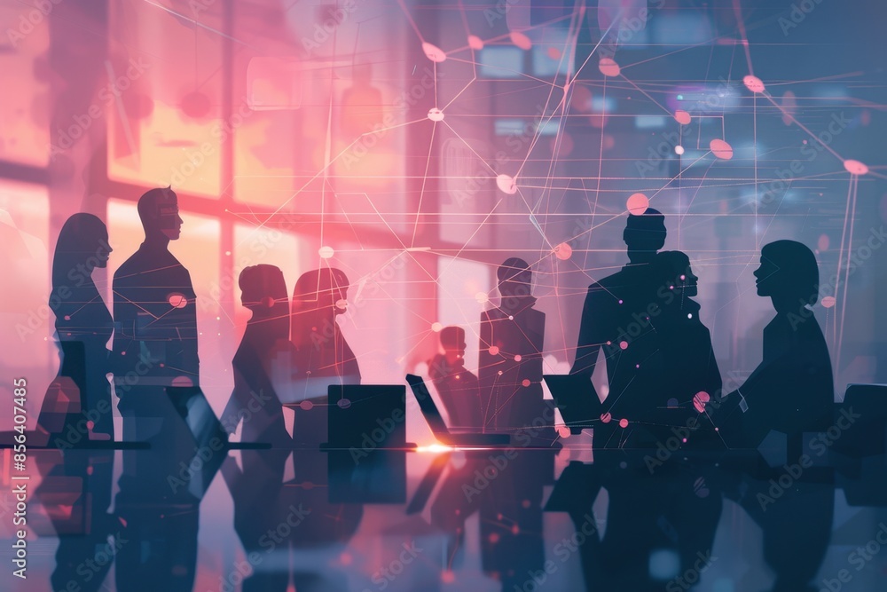 A digital art of a business team meeting, with silhouettes against an office backdrop and network connections in the air symbolizing connectivity, representing a tech led culture Generative AI A digital art of a business team meeting, with silhouettes against an office backdrop and network connections in the air symbolizing connectivity, representing a tech led culture Generative AI