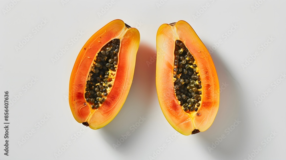 whole and half of ripe papaya fruit with seeds isolated on white background. whole and half of ripe papaya fruit with seeds isolated on white background.
