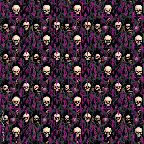 Dark, gothic and eerie seamless pattern of skulls and bones set against a black background. For printing, bed linen, clothes, textile, halloween