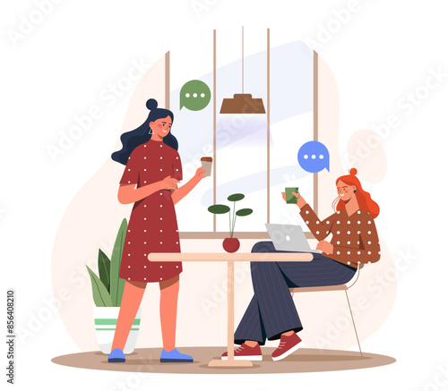 Women in coffee shop. Young girls with hot drinks in hands sits in cafeteria. Coffehouse and coffeshop. Customers with cappucino and latte, americano. Cartoon flat vector illustration