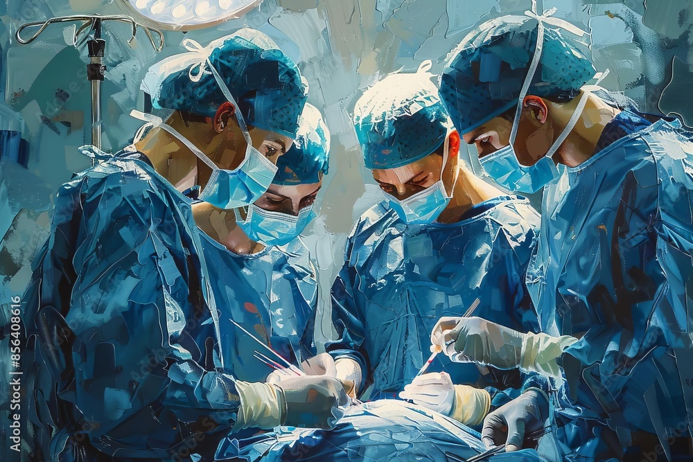 Surgeons performing a complex surgery in a well-equipped operating room, showcasing medical teamwork and precision in a sterile environment. Surgeons performing a complex surgery in a well-equipped operating room, showcasing medical teamwork and precision in a sterile environment.