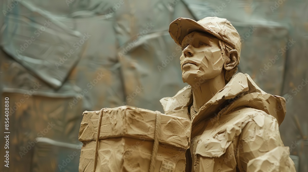 Intricate cardboard sculpture of a delivery worker carrying packages, showcasing detailed craftsmanship and creativity. Intricate cardboard sculpture of a delivery worker carrying packages, showcasing detailed craftsmanship and creativity.