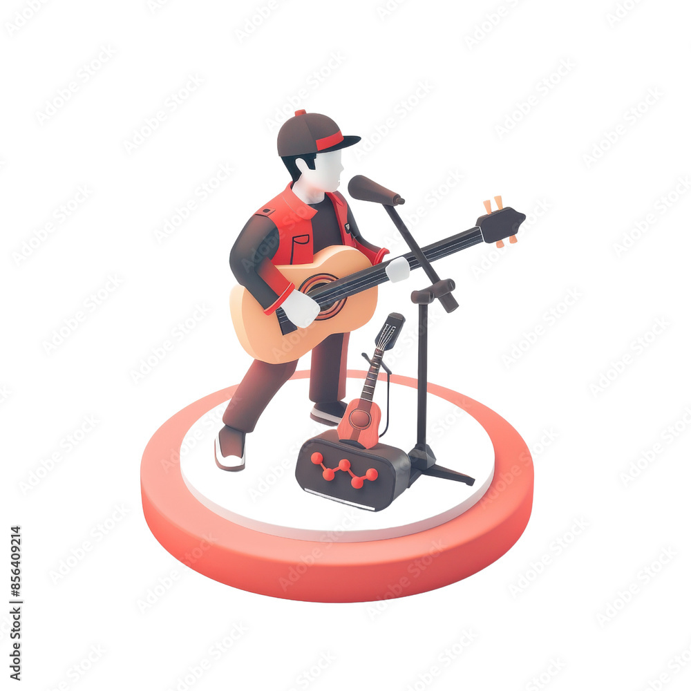 3D illustration of a musician playing guitar on stage, wearing a red vest and cap, with a microphone stand and audio equipment. 3D illustration of a musician playing guitar on stage, wearing a red vest and cap, with a microphone stand and audio equipment.