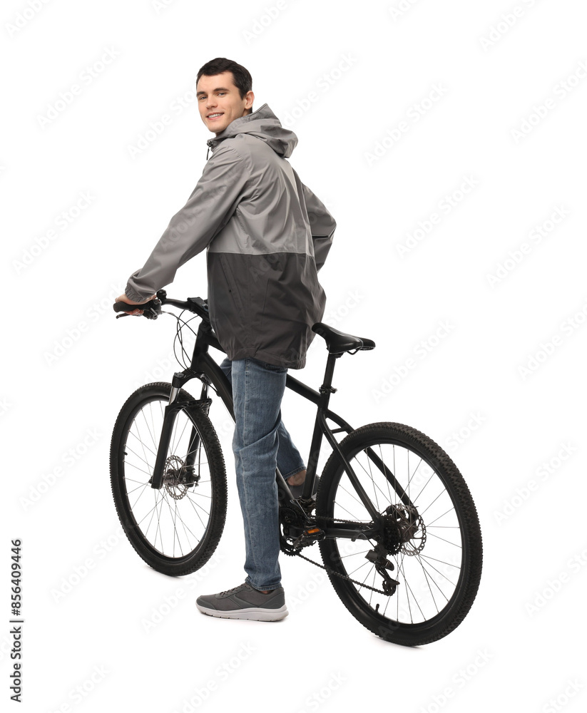 Naklejka premium Smiling man with bicycle isolated on white
