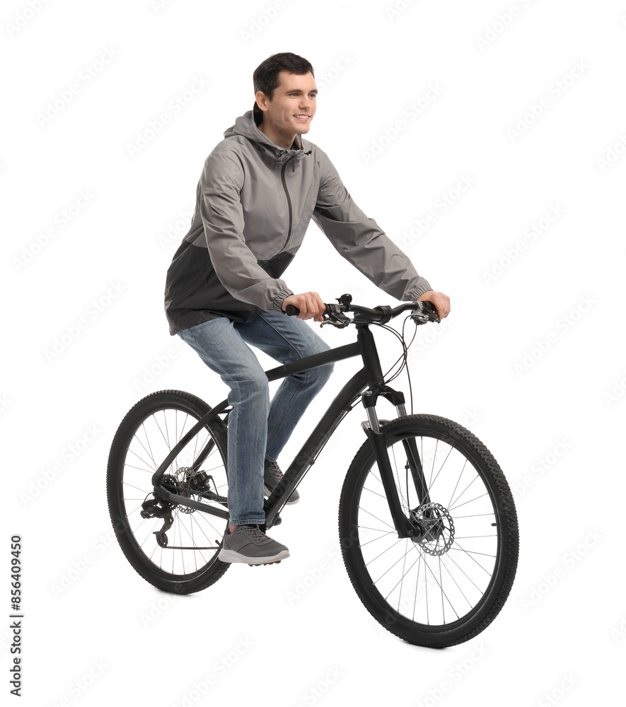 Smiling man riding bicycle on white background Smiling man riding bicycle on white background