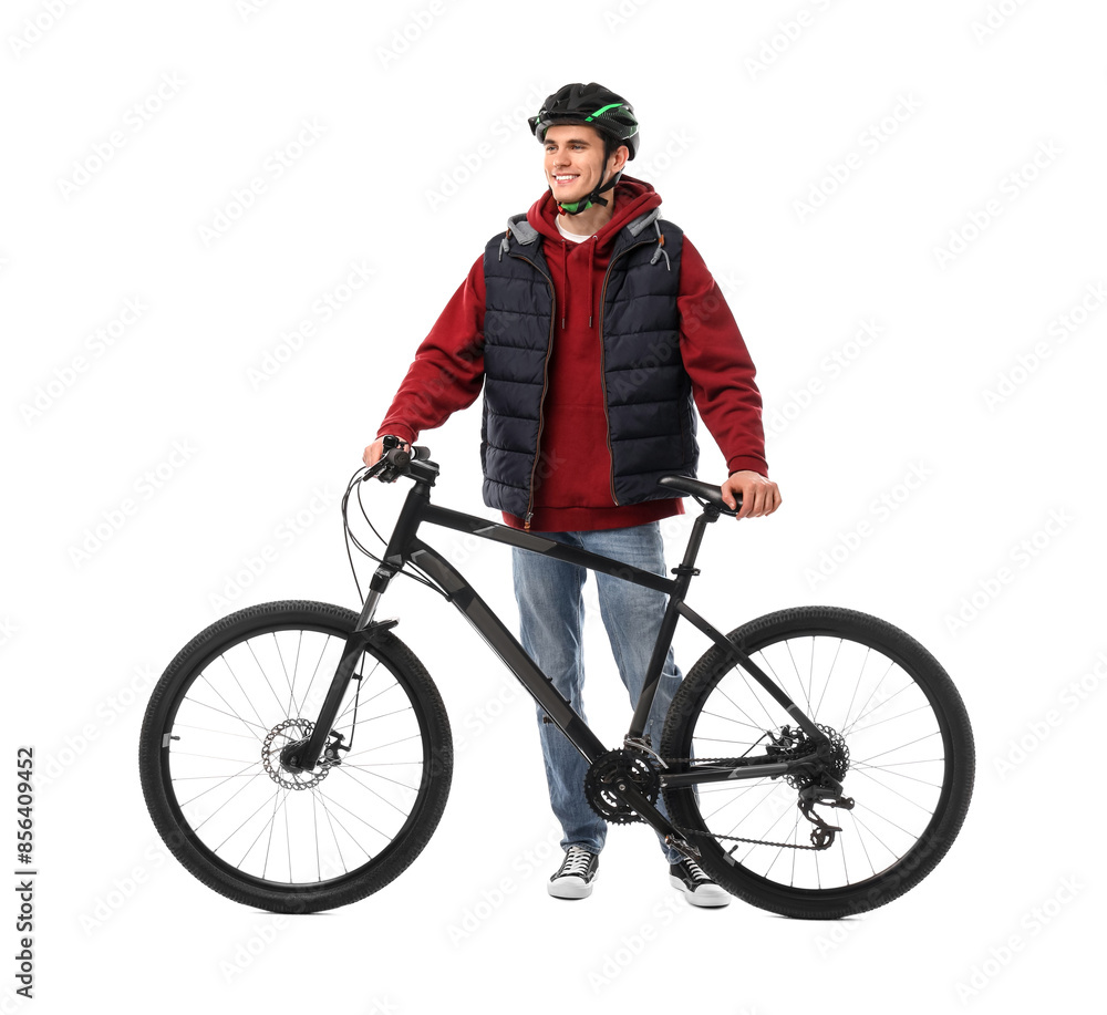 Smiling man in helmet with bicycle isolated on white Smiling man in helmet with bicycle isolated on white