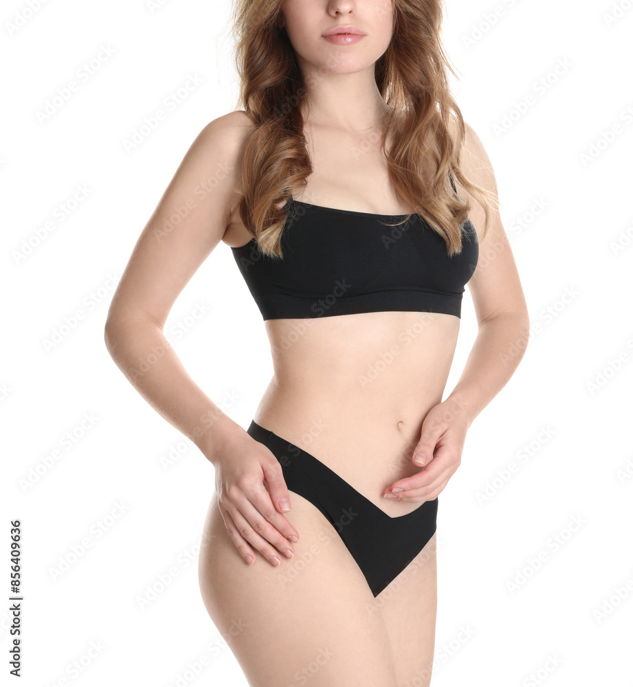 Woman with slim body posing on white background, closeup Woman with slim body posing on white background, closeup