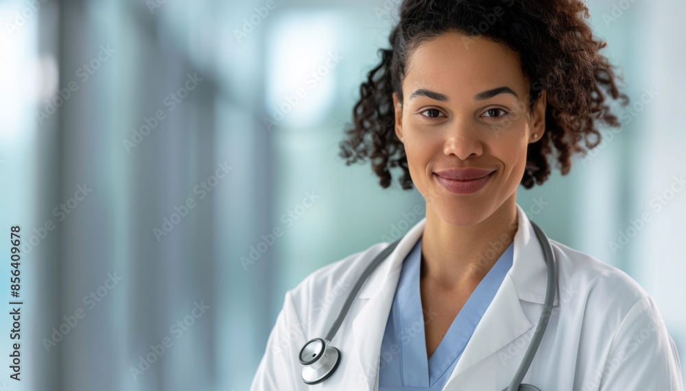 A woman wearing a white lab coat and a blue shirt is smiling for the camera A woman wearing a white lab coat and a blue shirt is smiling for the camera