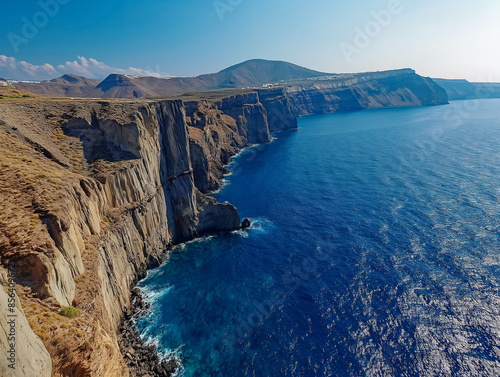 A beautiful blue ocean with a rocky shoreline. The water is calm and the sky is clear