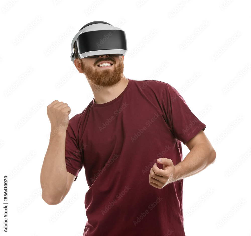 Smiling man using virtual reality headset on white background Smiling man using virtual reality headset on white background