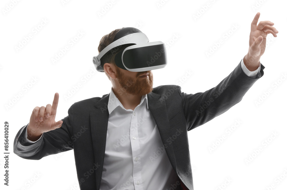 Man using virtual reality headset while sitting in office chair on white background Man using virtual reality headset while sitting in office chair on white background