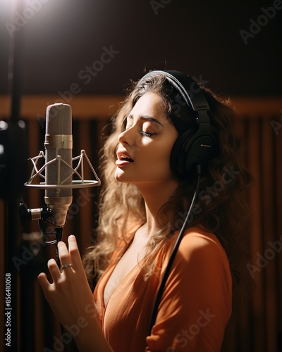 Recording Session: Female Vocalist Singing into a Microphone