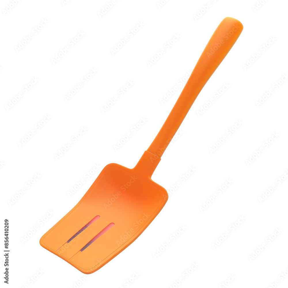 A bright orange slotted plastic spatula isolated on a white background. Ideal for cooking, frying, and kitchen tasks. A bright orange slotted plastic spatula isolated on a white background. Ideal for cooking, frying, and kitchen tasks.