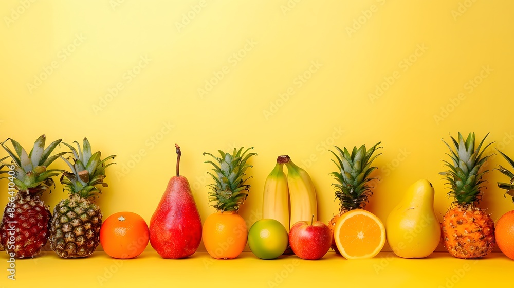 Rainbow of different exotic tropical fruits line yellow. Rainbow of different exotic tropical fruits line yellow.