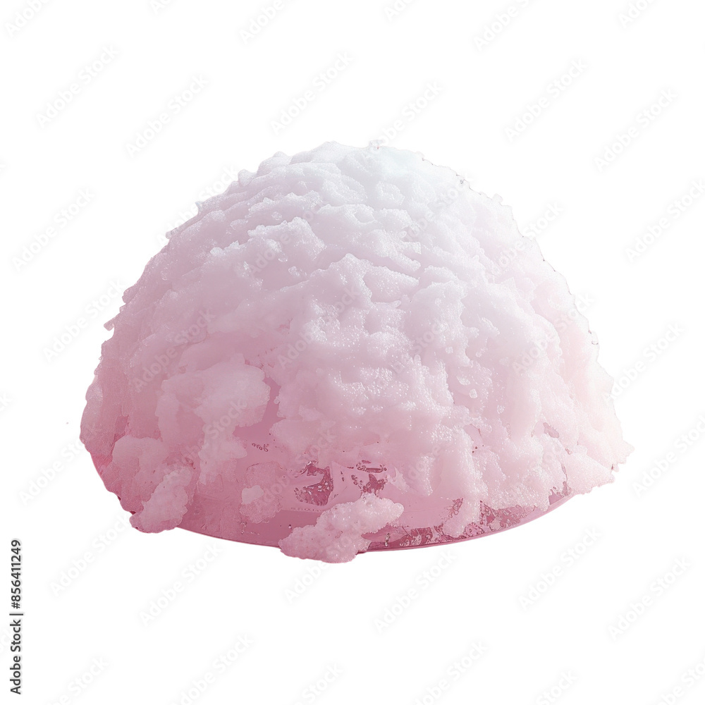 Close-up of a pink shaved ice dessert resembling a snowball, isolated on a white background. Refreshing summer treat. Close-up of a pink shaved ice dessert resembling a snowball, isolated on a white background. Refreshing summer treat.